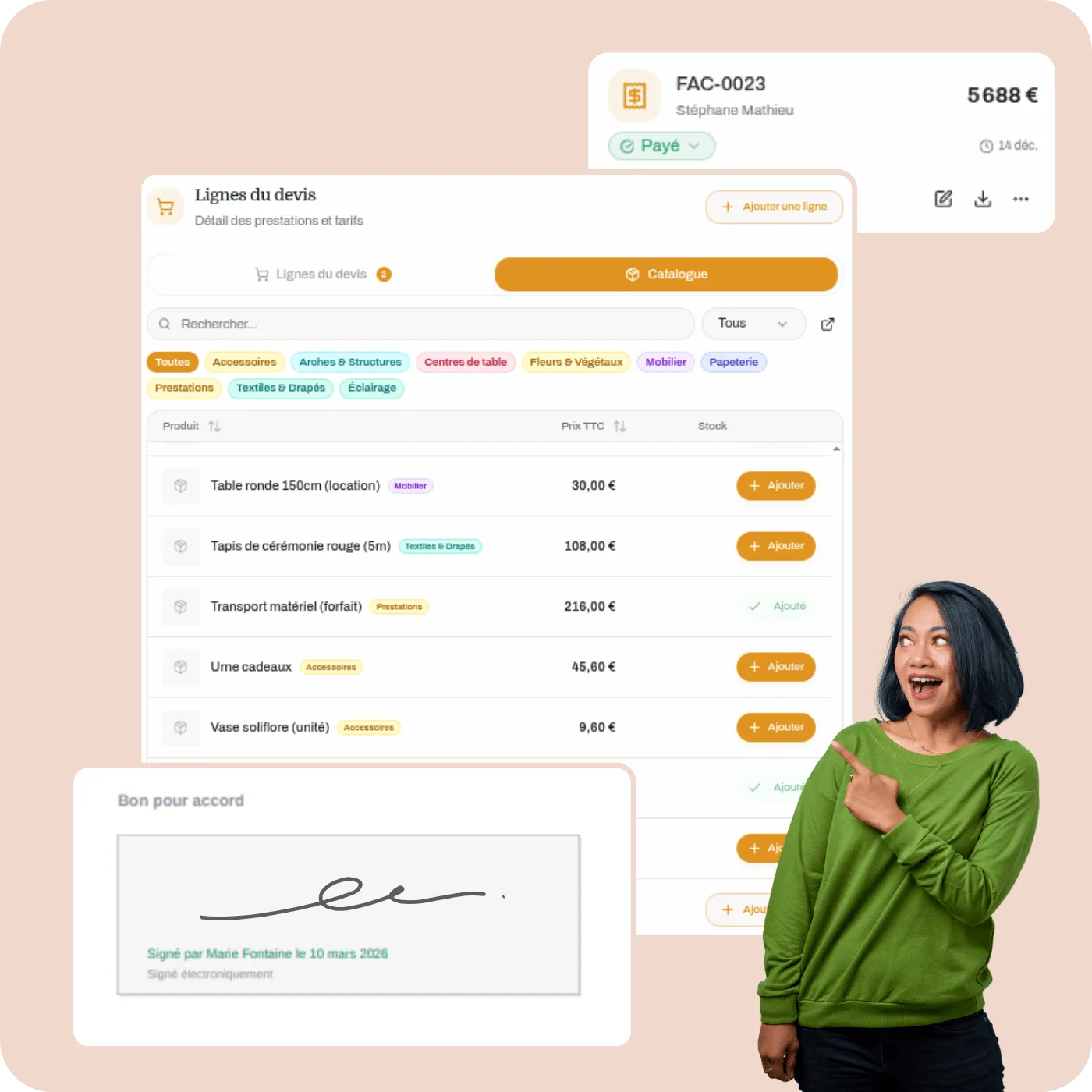 Logiciel de devis et facturation pour prestataires événementiels avec signature électronique et paiement en ligne — IBDA